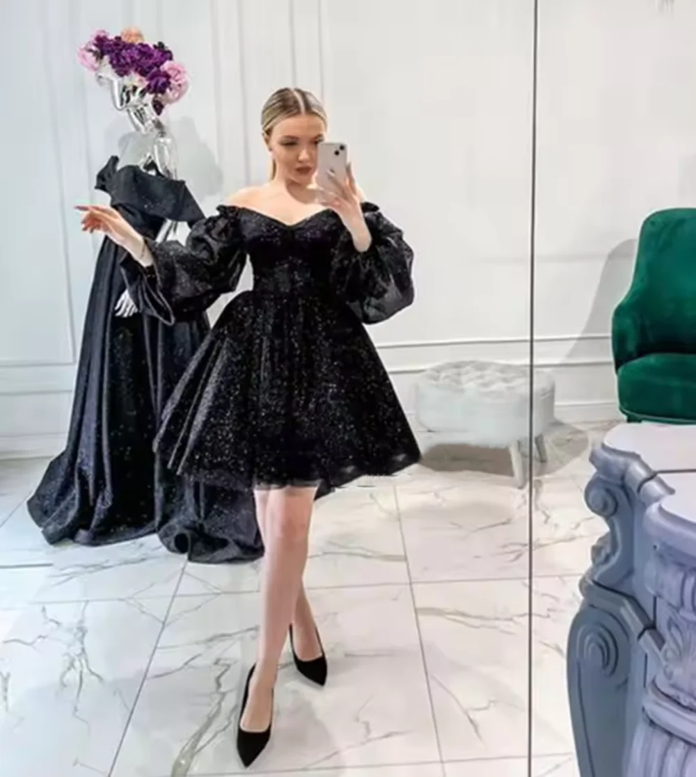 ブラックショートイブニングドレス 2022 フォーマルチュールプロムパーティードレス ストラップレス パフスリーブ Aライン ビーチプリンセスドレス