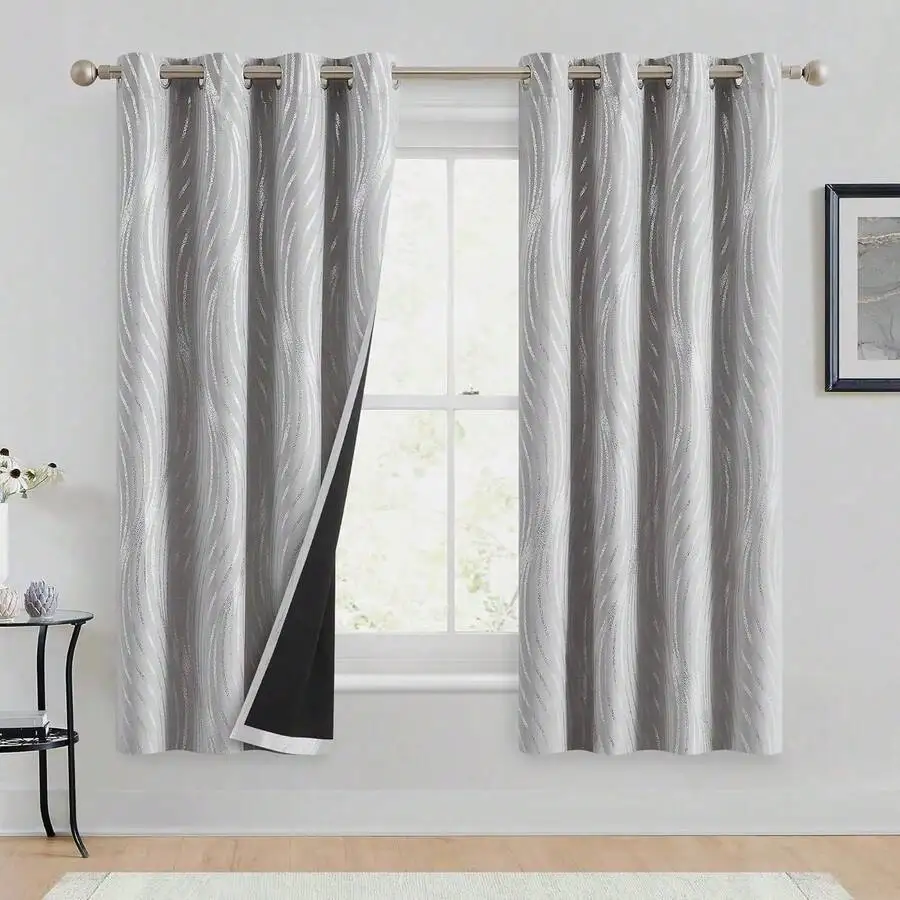 Blackout Curtains Grey Silver Wave Print Grommet Drapes For Living Room Bedroom Thermal Insulated 2 Panel Set