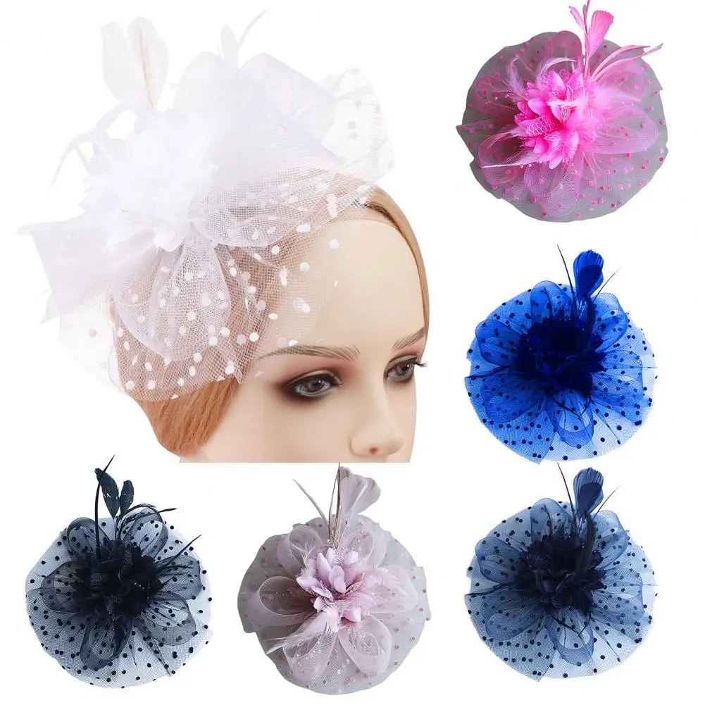 Top Hat Headband With Feathers Women's Feather Mesh Top Hat Headband With Flower Decor Dot Print Party Hair Accessories Mesh