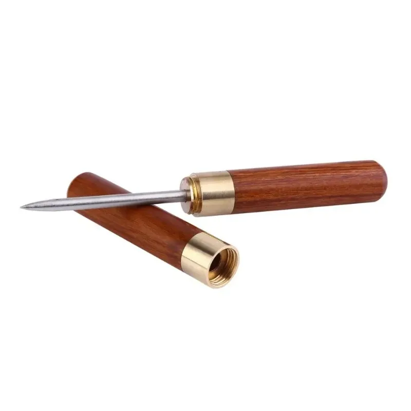 Stainless steel ice pick, kitchen tool with wooden handle and sheath.