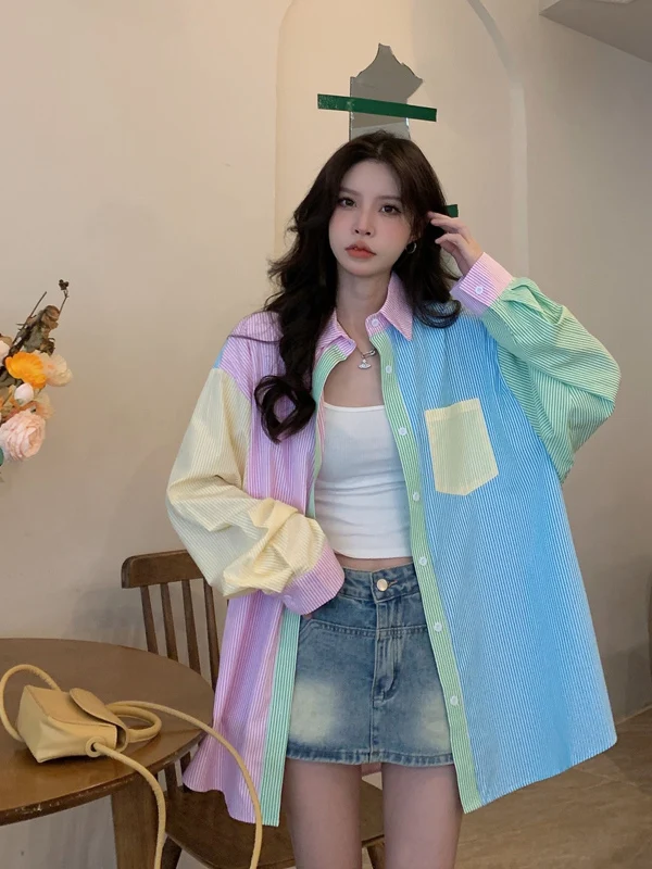 Sweet Candy Color Block Stripe Long Sleeve Shirt Women's Spring Autumn New Style Commute Korean Loose Fit Breathable Shirt - view 4