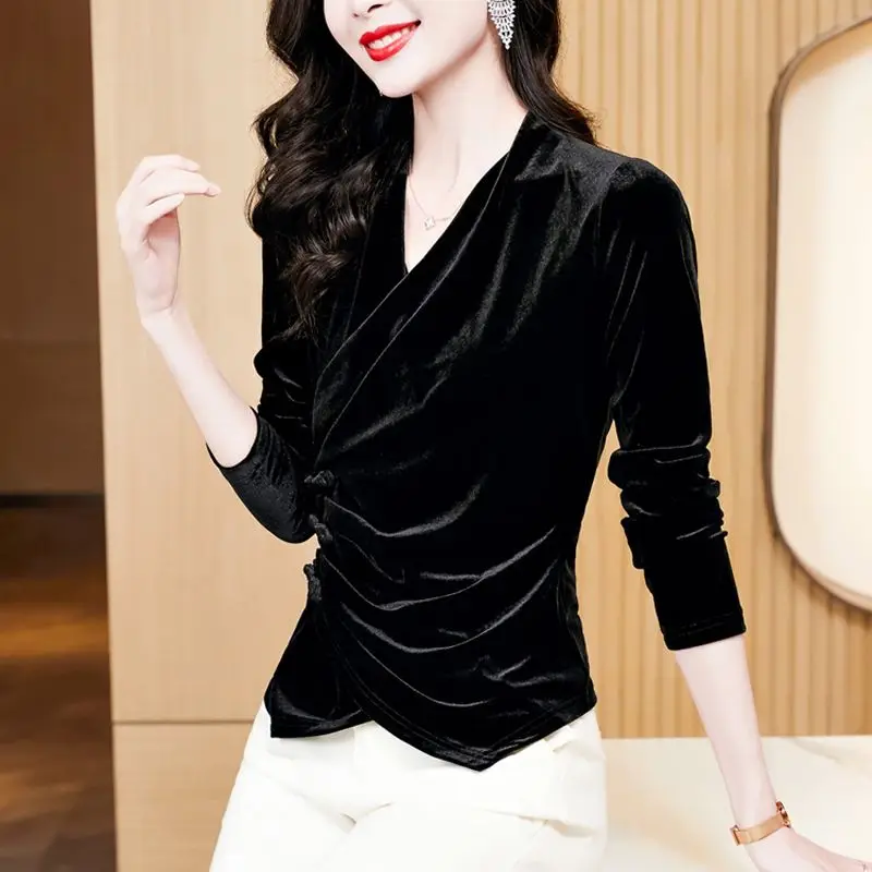 Autumn Winter Thin Interior Lapping Solid Color Pullovers Ladies Casual V-neck Pleated Tops 2023 New Slim Women\'s Clothing