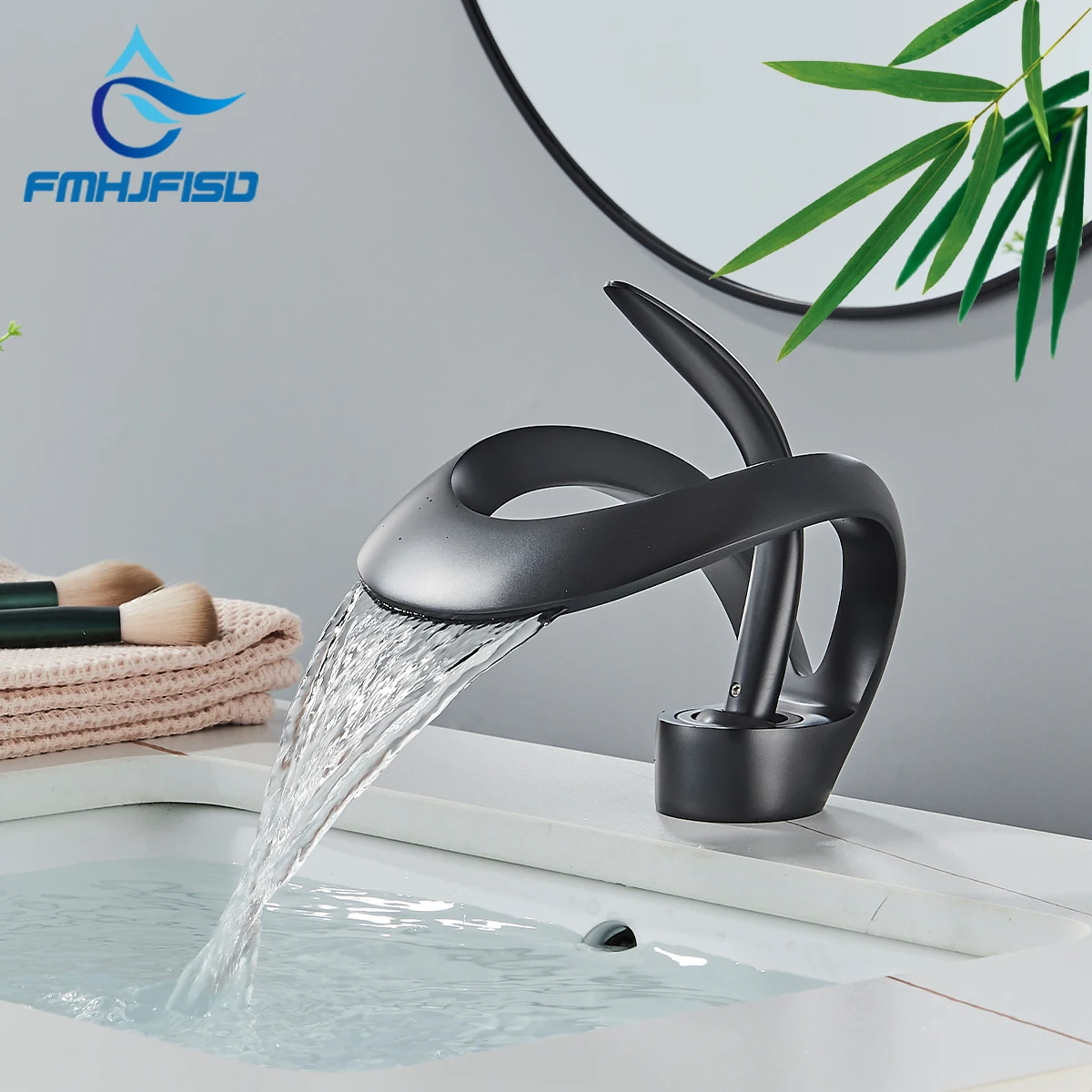 ALL Brass Black Bathroom Basin Faucet Waterfall Hot Cold Water Mixer Tap Deck Mounted Single Handle Modern Style Mixer Crane