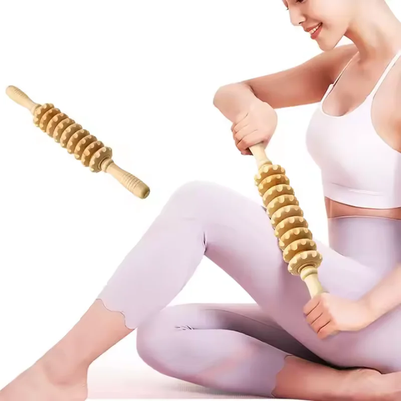 9 륜 나무 복부 마사지 다기능 피트니스 롤러 스틱 근육 이완 도구 바디 안티 셀룰 라이트 허리 마사지