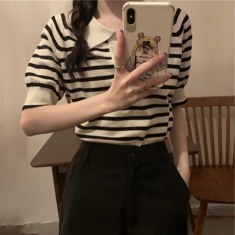 حجم كبير بالإضافة إلى حجم المرأة بولو الرقبة مخطط قصيرة الأكمام تريكو الصيف التخسيس الأعلى للفتيات الثقيلة XXL XXXL 3XL 4XL كبير...