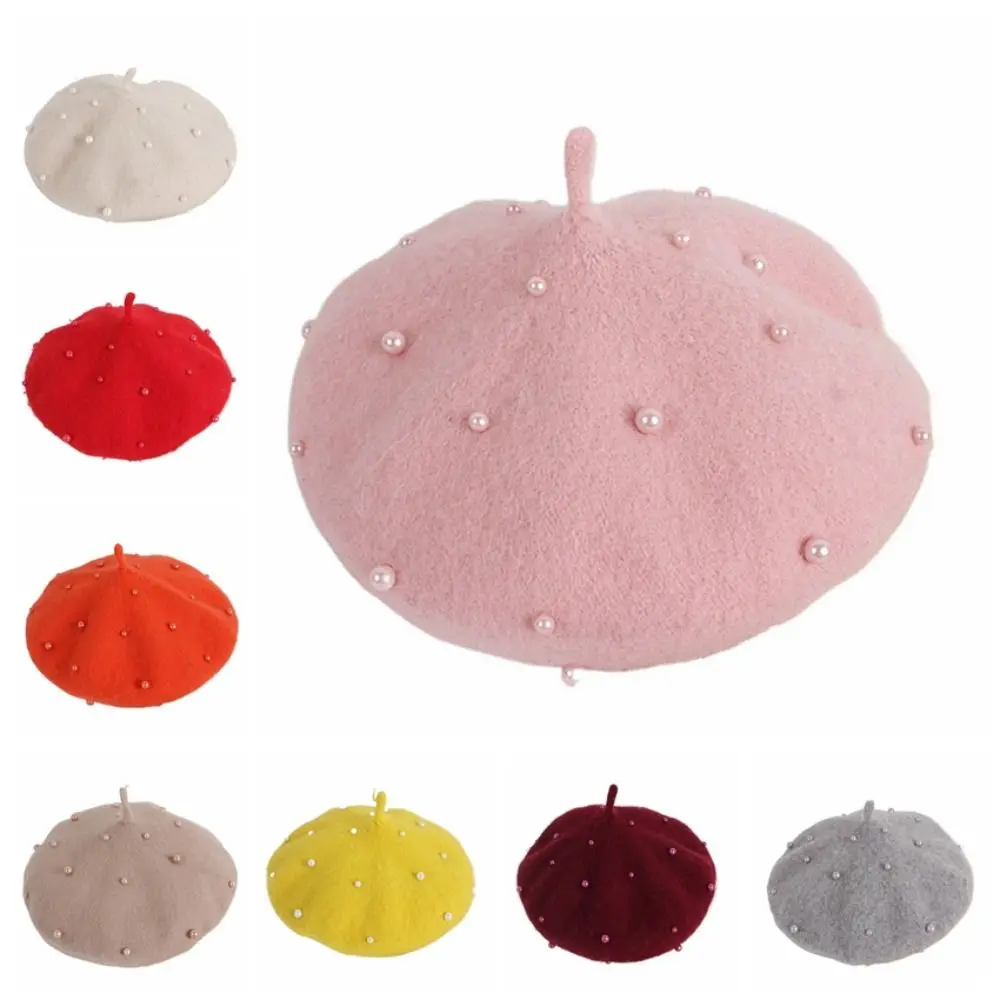 

Fashion Pearl Children's Beret Solid Color Warm Baby Wool Hat Woolen Thicken Painter Hat Baby