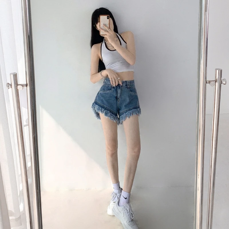 Women's Wide Leg Straight Leg Denim Shorts High Waist Frayed Hem A-Line Vintage Retro Trendy Spring Autumn Casual Wear