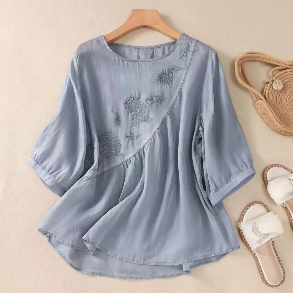 

Asymmetric Hem Top Embroidered Flower Pattern Women's Casual Shirt Stylish Three-quarter Sleeve Top with Asymmetric Hem Loose