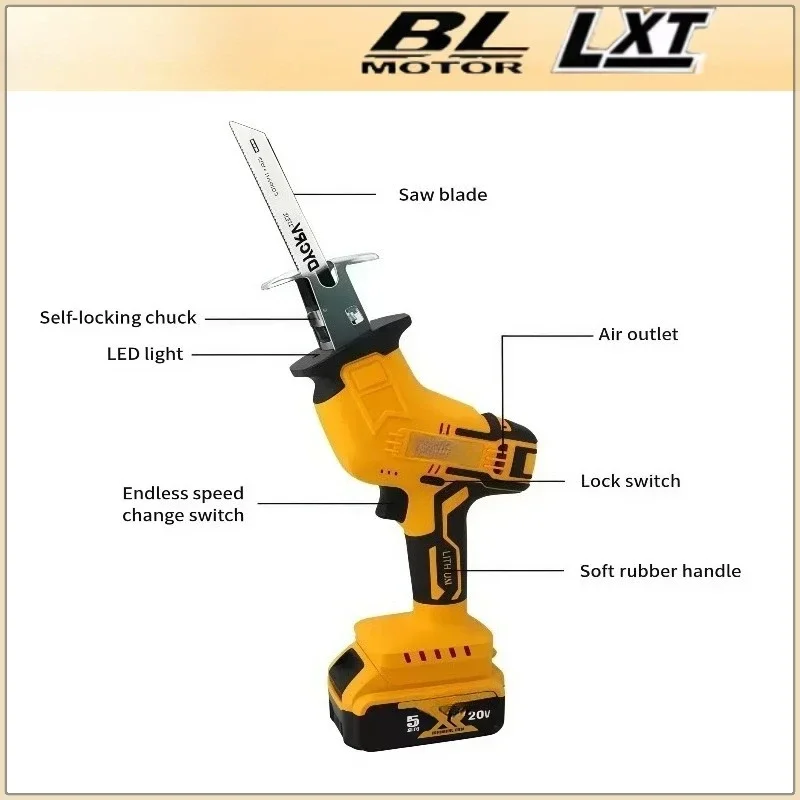 เลื่อยลูกสูบไร้สาย 2800 รอบต่อนาที เลื่อยไฟฟ้าไร้แปรงถ่าน สำหรับตัดโลหะ ไม้ ท่อ เครื่องมือไฟฟ้า ใช้กับแบตเตอรี่ DEWALT 20V