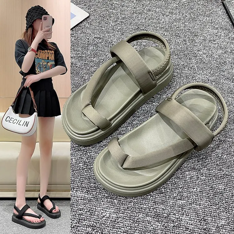 รองเท้าแตะแถบยืดหยุ่นรองเท้าส้นสูงพร้อมสายคล้อง 2024 ชุดสตรีหญิง Beige Flip Flops แพลตฟอร์ม SLIP-ON รองเท้าส้นสูงใหม่ Fashi