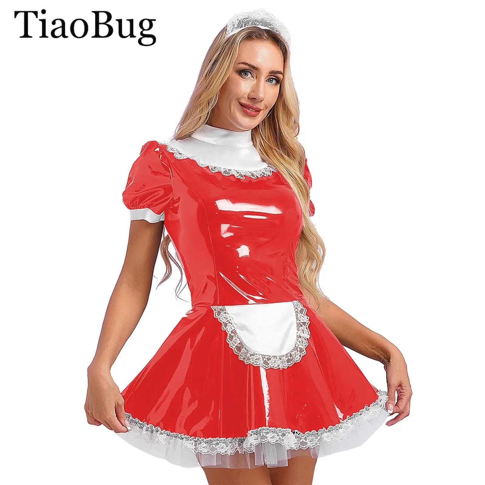 

Women PU Leather Latex Maid Cosplay Costume Glossy Patent Leather Maid Dress +Headband Lace Apron A-Line Dress Waitress Uniforms