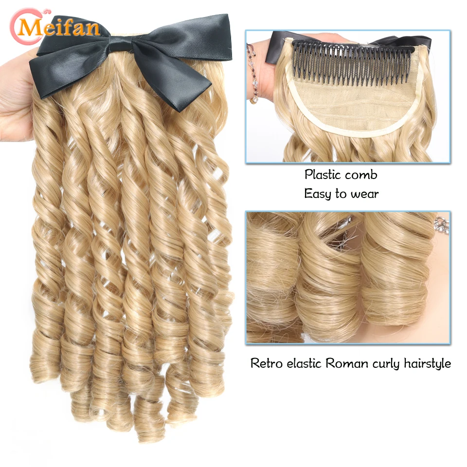 MEIFAN Synthetic Fluffy Retro Roman Roll Hair Princess Ponytail Clip in Hair Extension Natural Fake Bouncy Curly Comb Ponytail