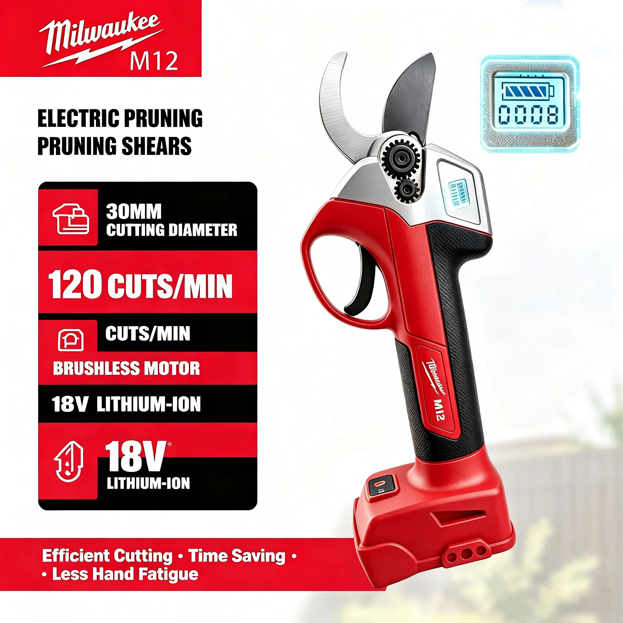 MilwaukeeM12 18V Cordless Pruning Shears Electronic Display Brushless Motor 30mm Cutting Diameter SK5 Blade for Garden