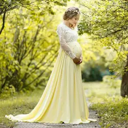 Vintage Yellow A Line Maternity Robes Lace Appliques Long Sleeves Pregnant Women Dresses Satin Floor Length Baby Shower Gowns