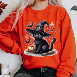 Śmieszna bluza z nadrukiem nietoperza czarnego kota na Halloween dla kobiet Kreatywne jesienne i zimowe bluzy bez kaptura z dekoltem w szpic dla kobiet