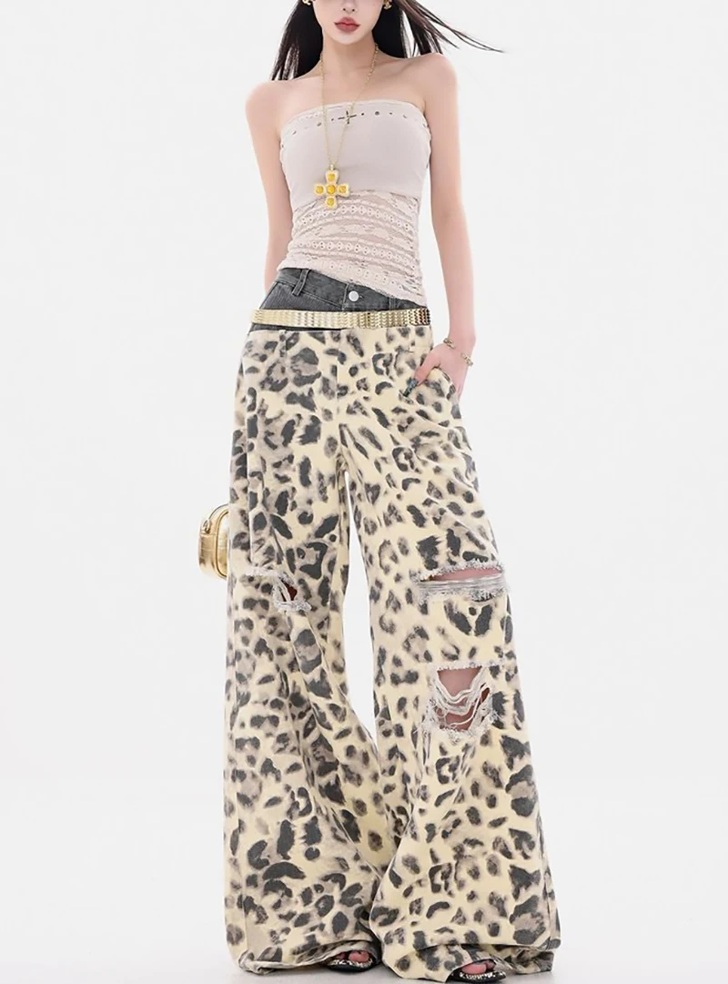 

American Retro Leopard Print Jeans High Waist Double Waistband Distressed Wide Leg Floor Length Pants Women 2026
