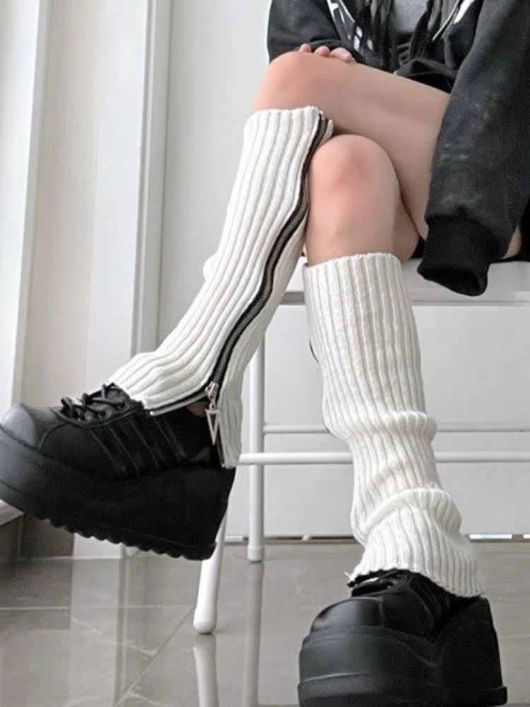 New White Loose Socks JK Zipper Foot Covers Y2K Hot Girl Knitted Leg Warmers Women Slouch Knee-high Stacked Socks Punk Boot Sock