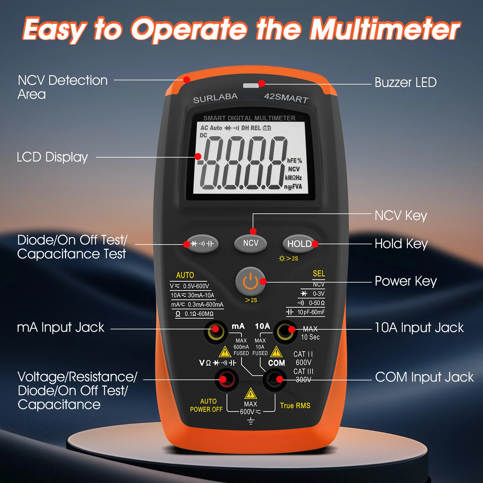 HP42smart Automotive Multimeter 6000 Counts TRMS, Auto Range NCV & Backlight LCD Display for Car Repair & Electrical Maintenance