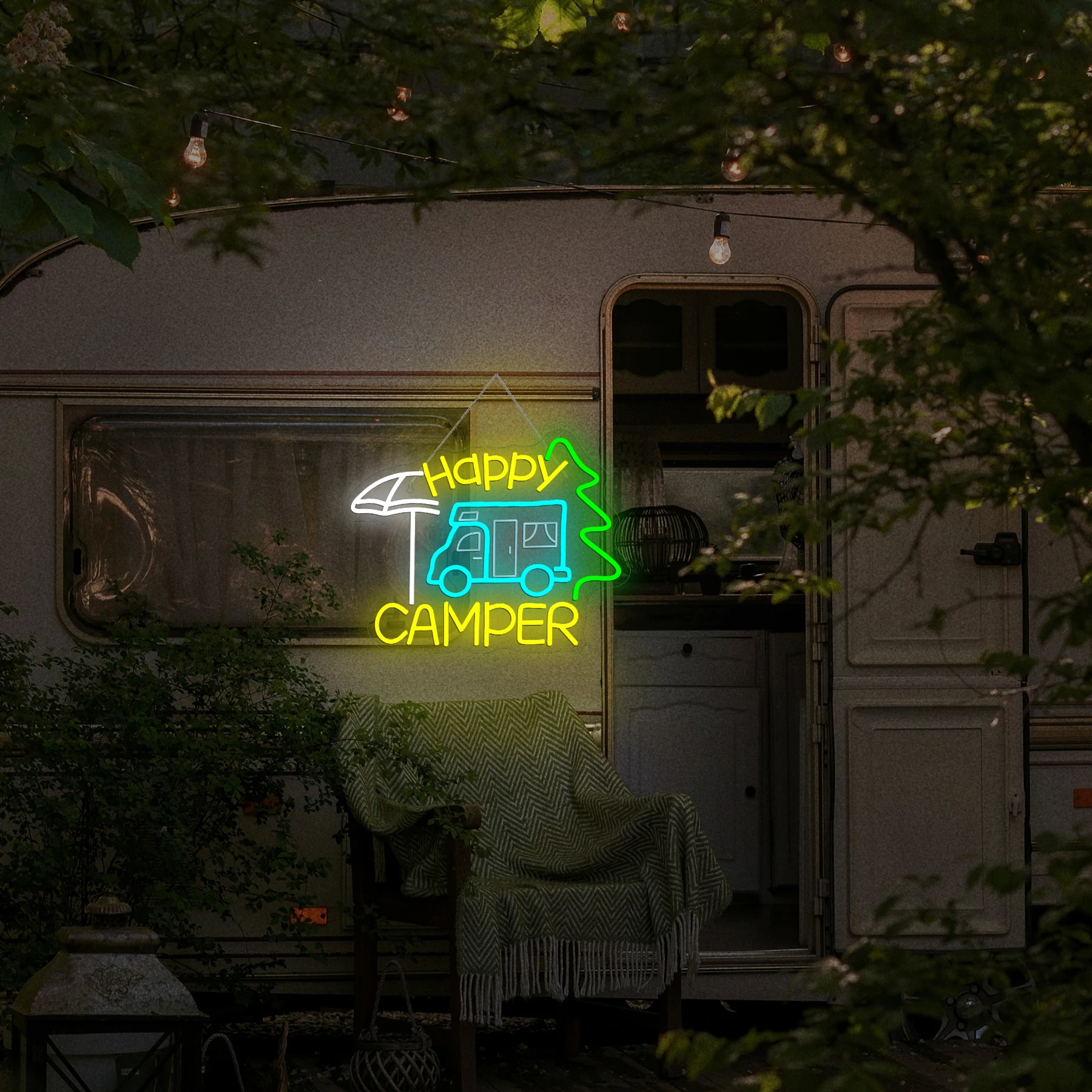 Happy Camper Neon Sign Dimmable Camping Light Up Sign for Touring Car Gifts Campsite Decorations Inside Camper Backdrop