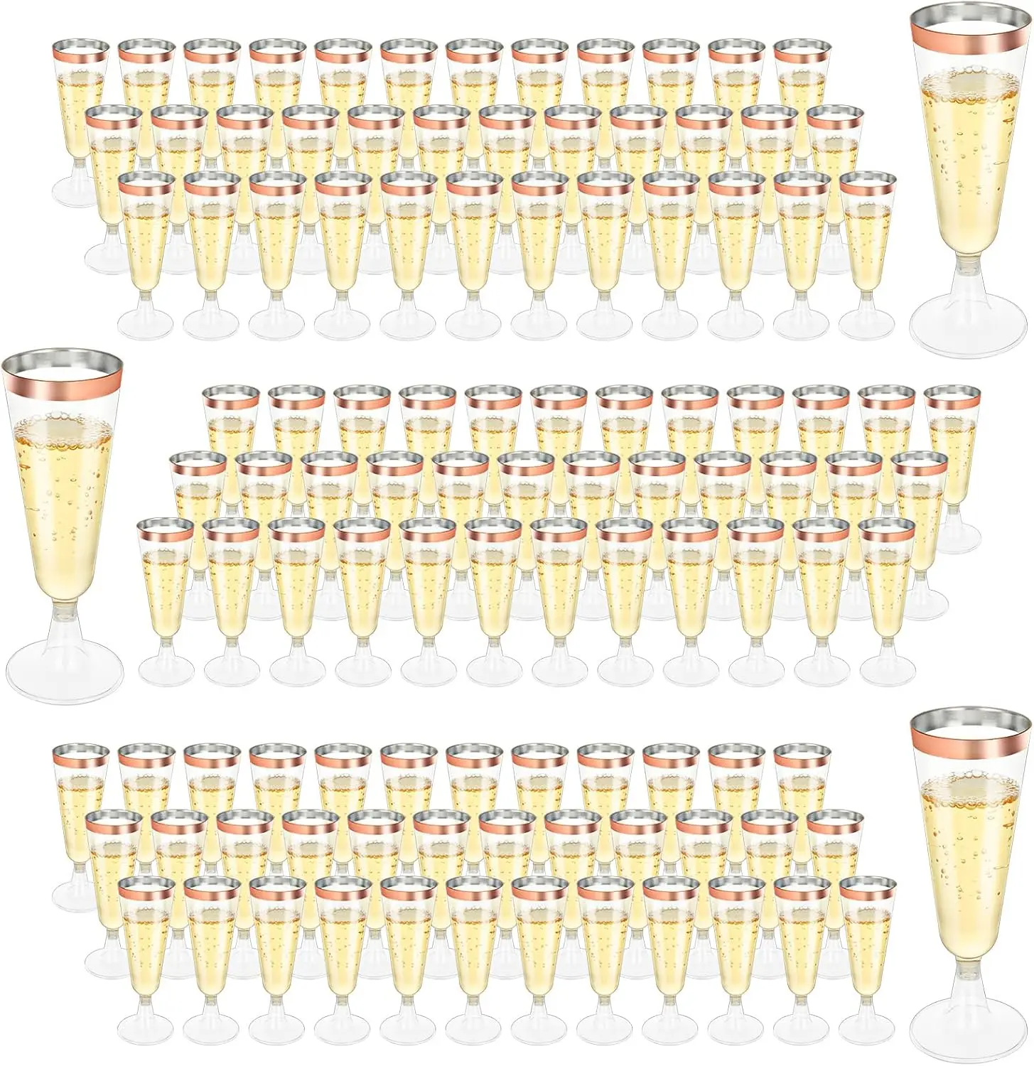 

100 Pack 5Oz Plastic Champagne Flutes, Rose Gold Rim, Clear Disposable Toasting Glasses for Wedding & Party