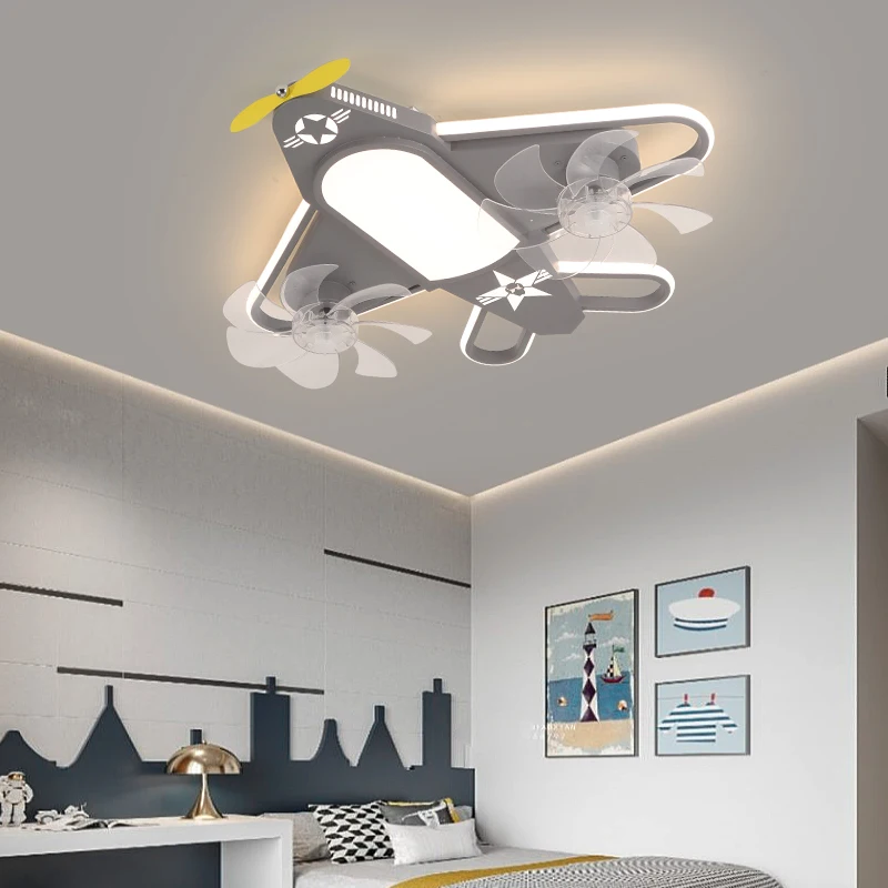 Full spectrum kids room fan light simple modern cartoon airplane ceiling light boy girl eye protection master bedroom light