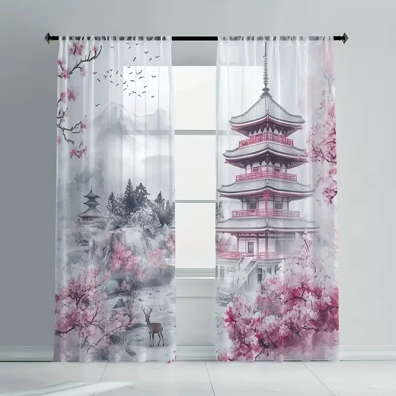2PC Watercolor Japanese Pagoda & Cherry Blossom Sheer Curtains - Elegant Asian Landscape Window Drapes