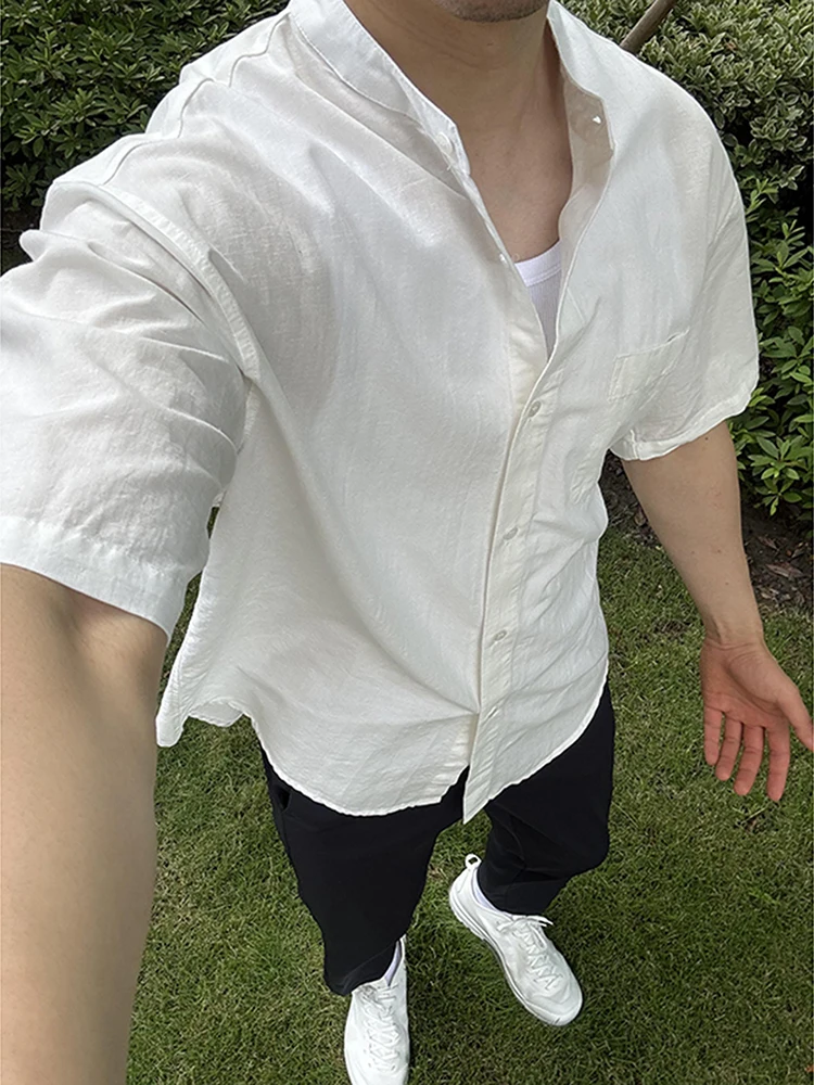

Men's Cotton Linen Short Sleeve Shirt Summer High-End Sun Protection Stand Collar Half Sleeve Top Youth Trend Loose Fit Breat...