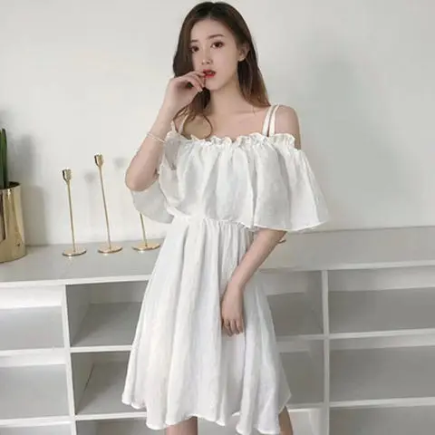 2022 Summer Women White Black Chiffon Dress Backless Lotus Leaf Short Sleeve Ladies Sundress