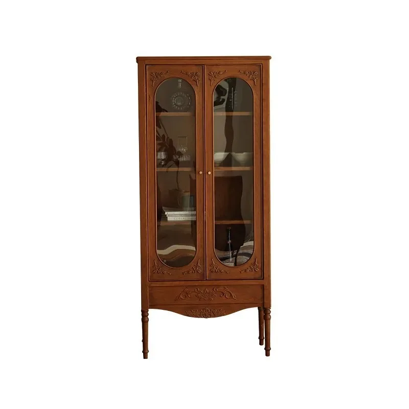 Household retro solid wood wine cabinet caramel color display cabinet living room bookcase cherry wood French style