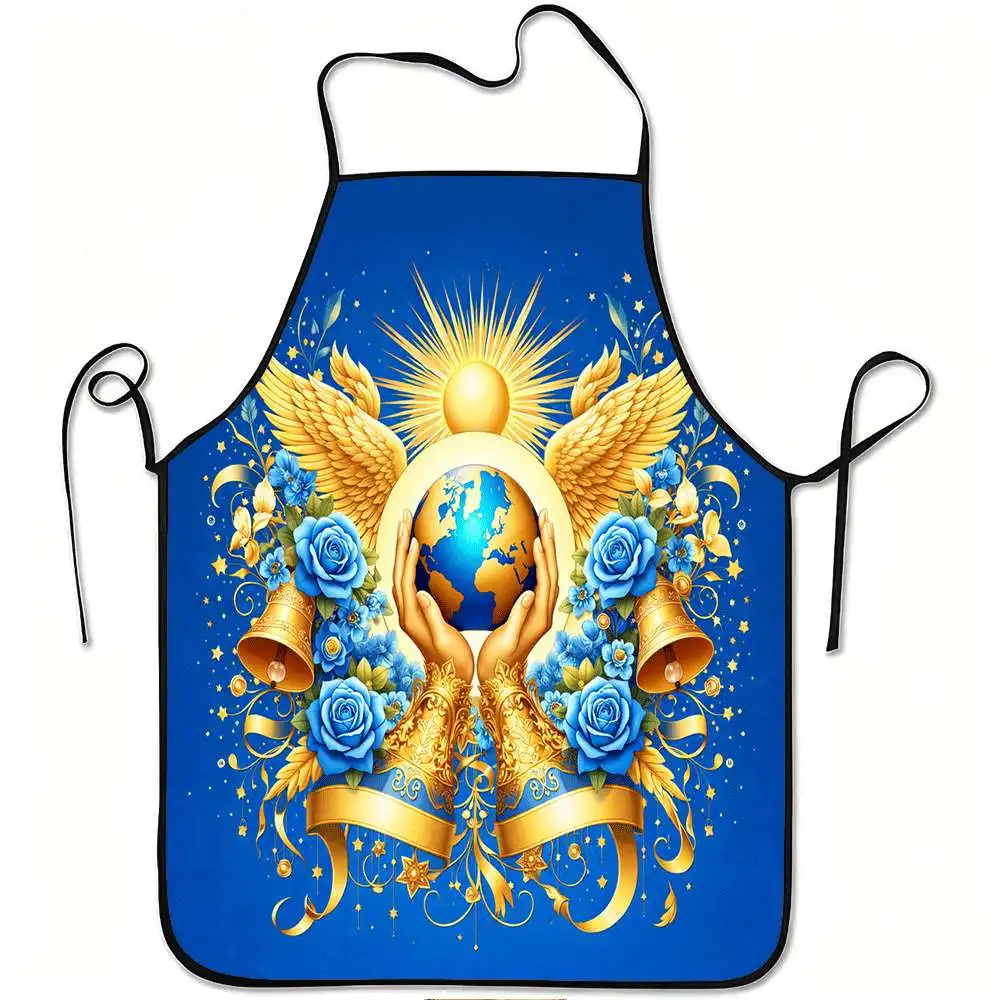 1pc Golden Angel Wings Blue Roses Globe Print Apron, Durable and Easy to Clean, Adjustable Waistband, Polyester Material, for Ki