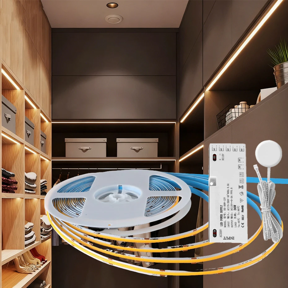 DC 12V COB LED Strip Led Under Cabinet Light EU AU US UK Plug Penetrable Touch Dimmable Wardrobe Pantry Storage Kitchen Lamp