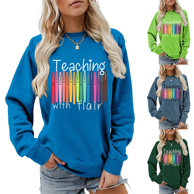 Stylish vintage cotton women's clothing teaching with flair love letters printed vintage crewneck hoodie long sleeves