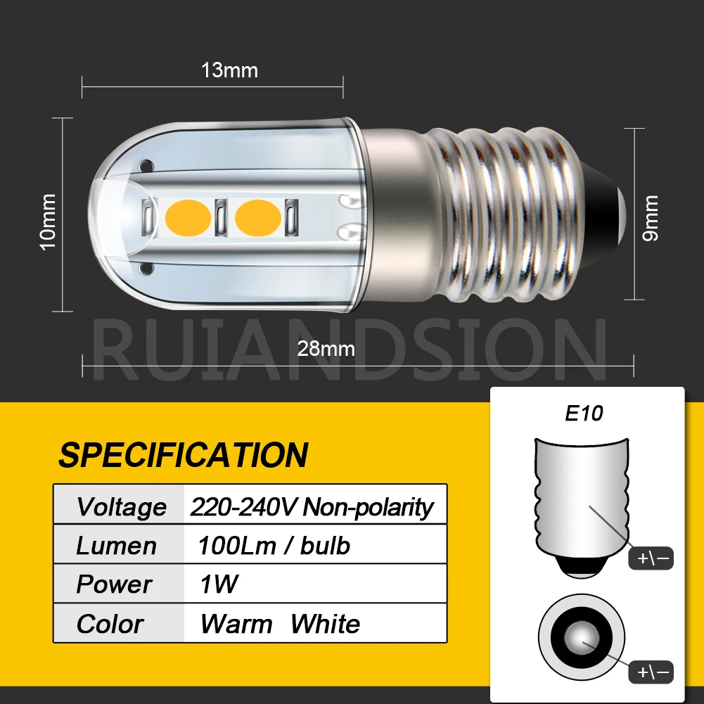 RUIANDSION 10 Pcs E10 4 3030SMD AC 220V 230V Warm White 3000K Yellow Fridge Led Bulb Machine Tool Lighting 10 mm Diameter Base - view 2