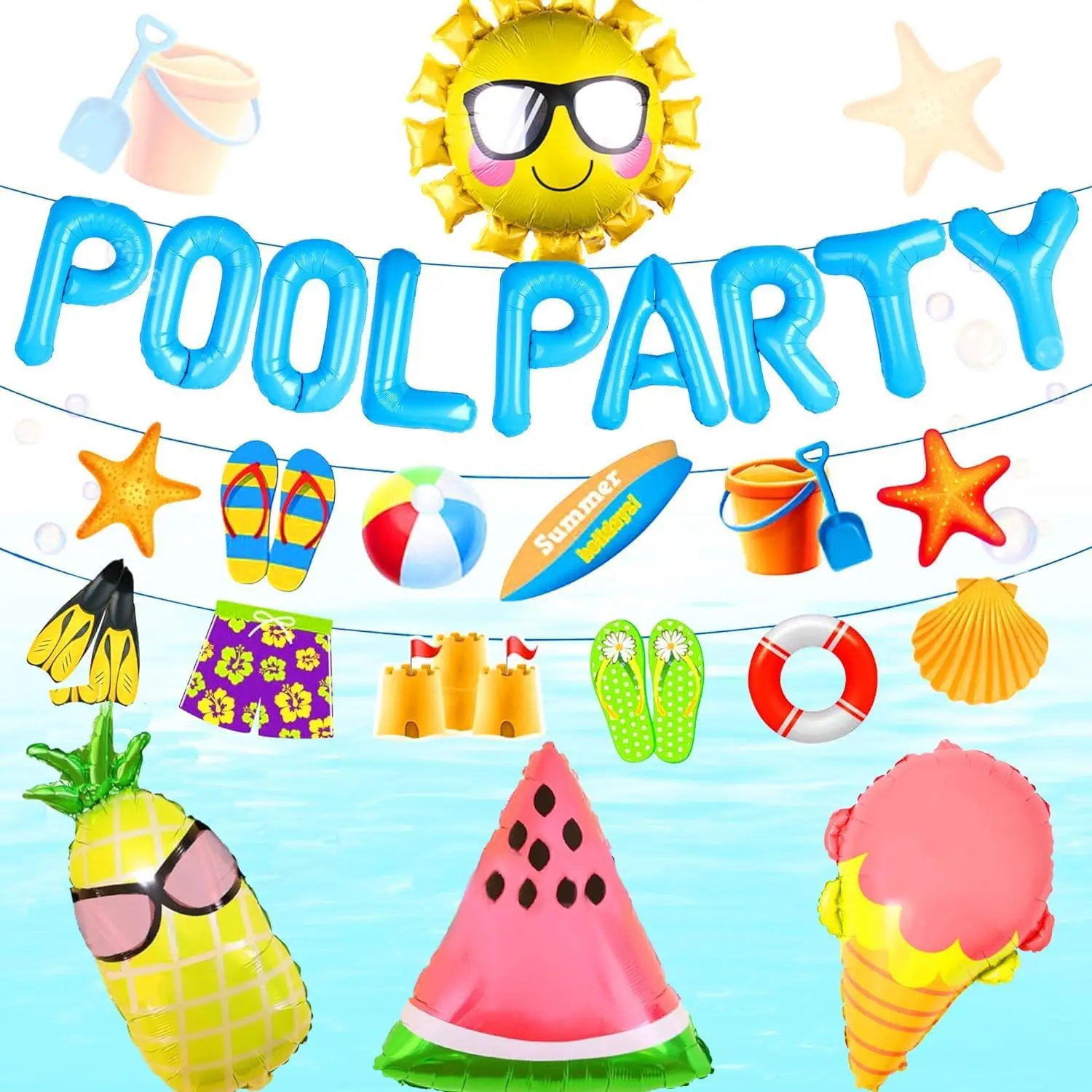 

LaVenty Pool Party Decoration Blue Beach Pool Party Supplies Summer Sun Balloons Beach Party Backdrop Banner