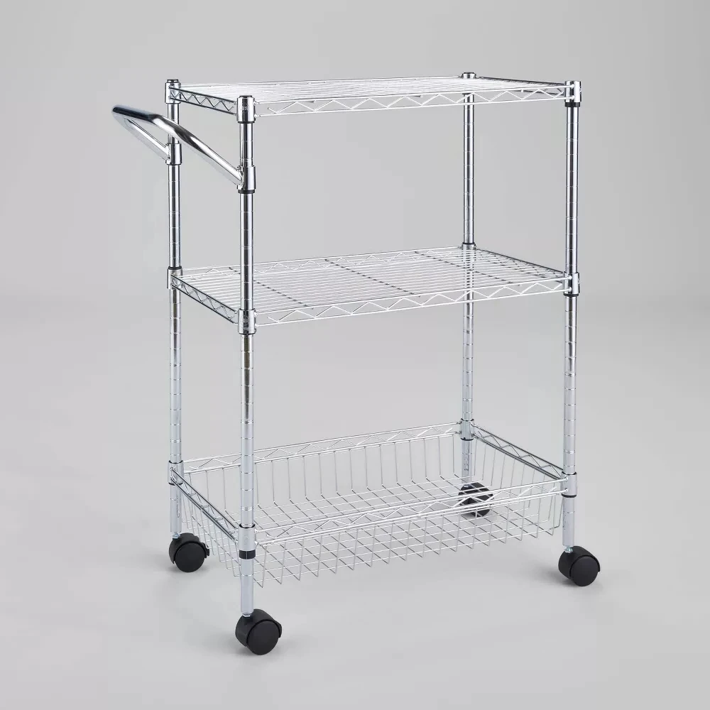 

3 Tier Metal Utility Cart with Adjustable Shelves,Heavy Duty Stainless Steel Rolling Utility Storage Cart on wheels for Kitchen