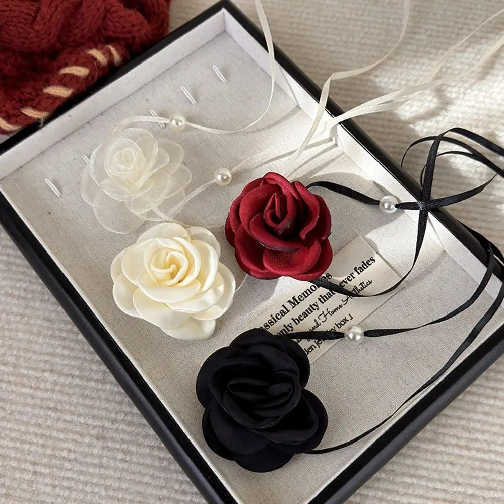 Creative Cloth Rose Flower Necklace Romantic Adjustable Clavicle Chain Fashion Retro Pearl Strap Necklace Women