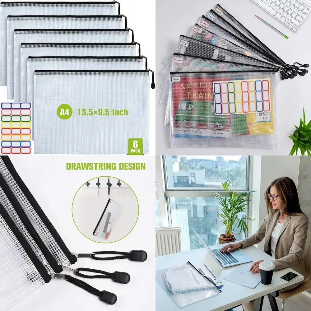 

Mesh Zipper Pouch, 6PCS Waterproof Plastic Mesh ZipperBag, A4 Size Tear-Resistant Document Pouch, Extra Large Zip File Bags, for