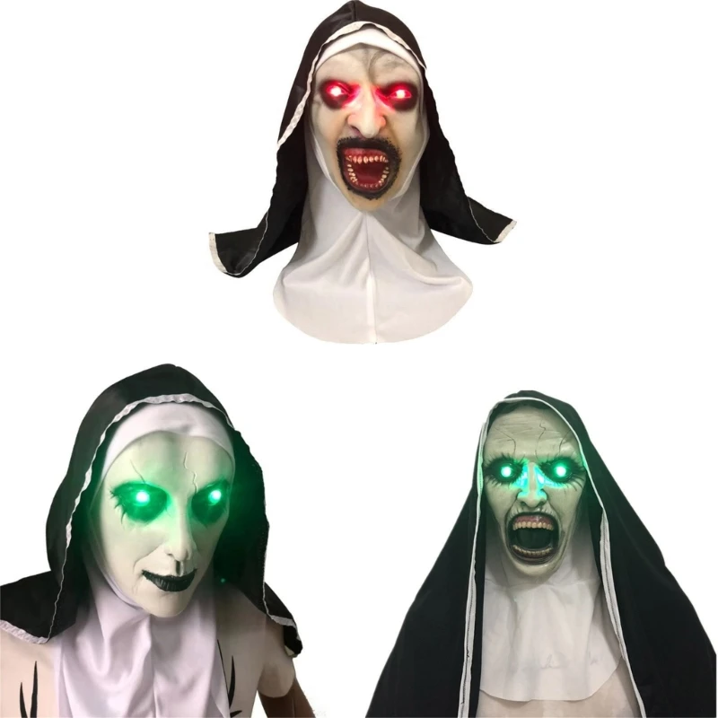 Full Head Nun Face Cover Headwear Supplies Party Props Cosplay Costumes Nun Mask with Glowing Eye Halloween Headwear