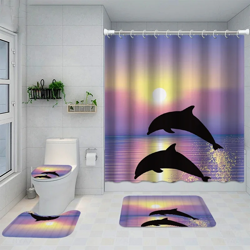 Dolphin Bathroom Shower Curtain Waterproof Shower Curtain 3D Printed Polyester Non-Slip Rug Toilet Cover Bath Mat Set Rugs