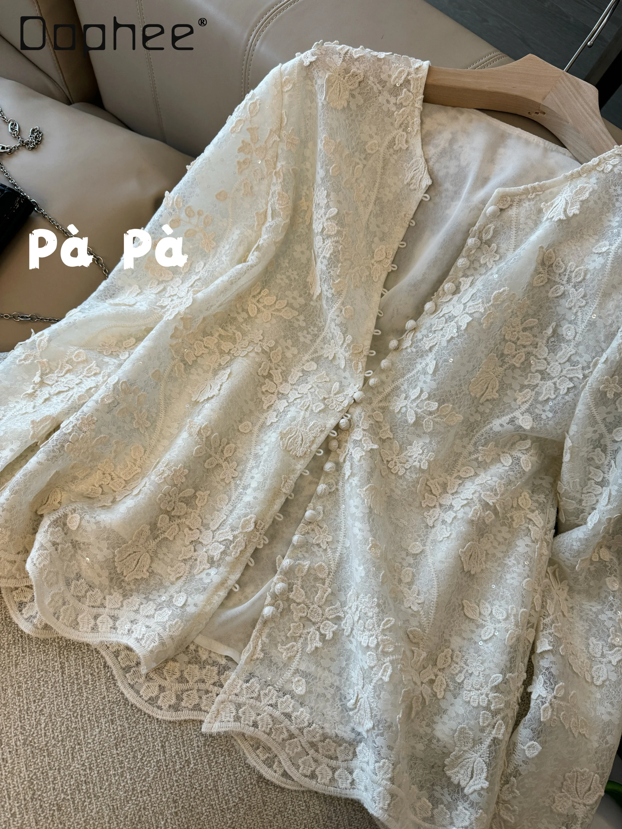 Vintage Heavy Industry Embroidery Glitter Three-dimensional Lace Shirt French New Chinese Top Women Long-sleeved Loose Shirts
