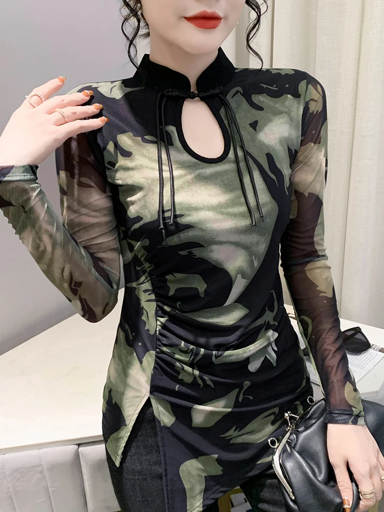 ريترو طباعة طويلة Sve تي شيرت المرأة ربيع الخريف التصميم الأوروبي الحسية الجوف خارج لي قاعدة irt غير المتكافئة غير المستوية