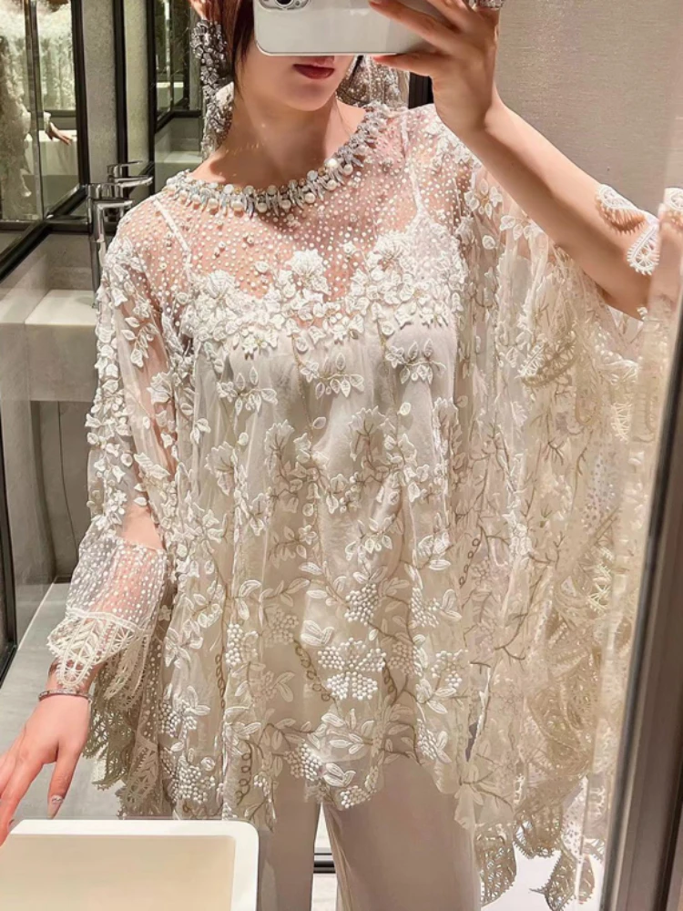 

Women Blouse Lace Mesh Shirt 2024 High-end Embroidery Crystal Perspective Loose Batwing Cape Sheer Cloak Pullover Blusa Mujer