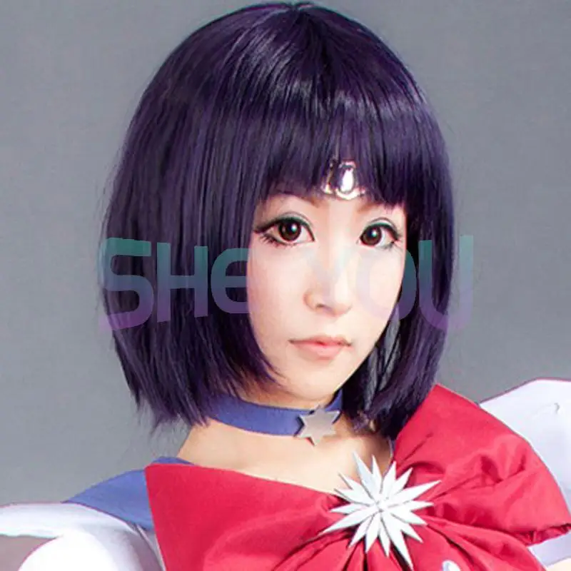 Sailor Saturn Cosplay Wigs Tomoe Hotaru 35cm Purple Black Mix Short Bobo Heat Resistant Synthetic Hair Cosplay Wig + Wig Cap