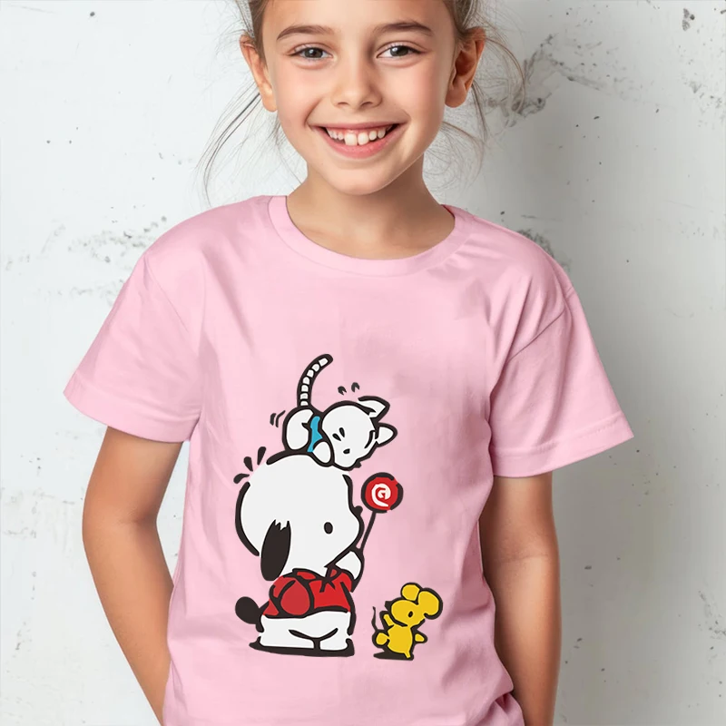 

Pochacco Printed Kids T-shirt Summer Children's Cotton Short Sleeve Suitable for Boys and Girls Pink Casual Tops