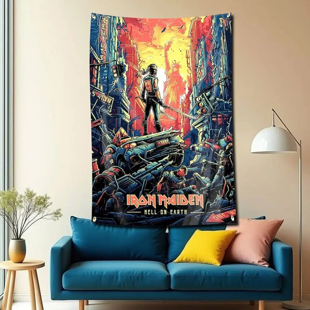 The Beast E-Eddie I-Iron M-Maiden Vlagtapijt Banner voor Slaapkamer Woonkamer Buiten Kamperen Op maat ondersteund
