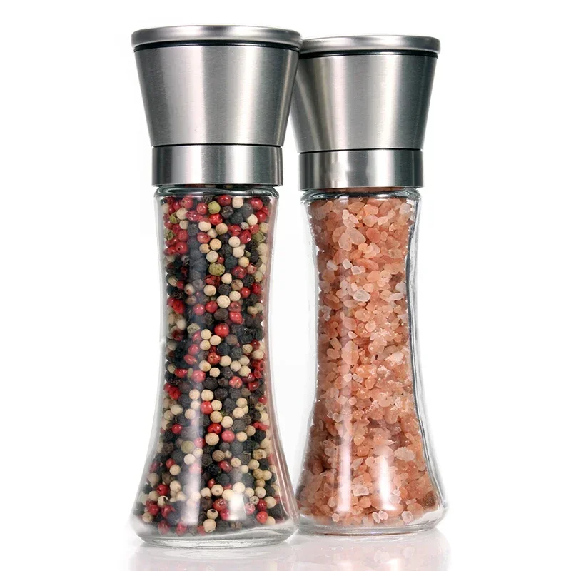 Salt And Pepper Grinder Sets Refillable Stainless Steel Combo Shakers Glass Body With Adjustable Coarse Manual Spice Salt Mills