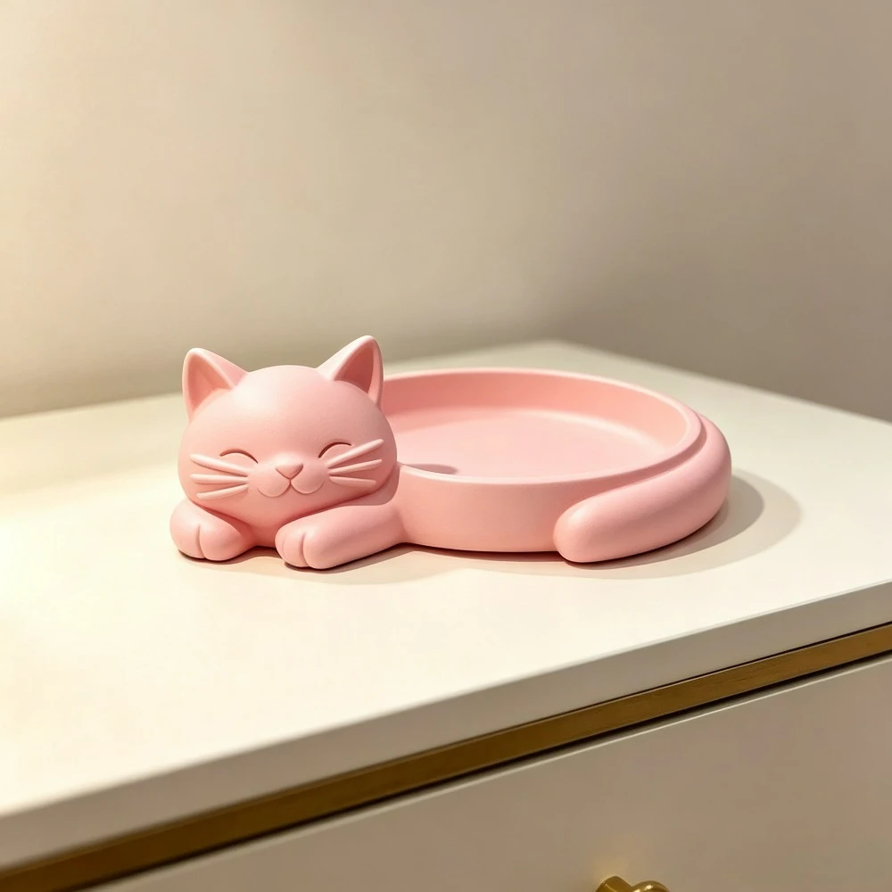 3D Printed Pink Cat Trinket Tray Cute Kitten Shape Jewelry Storage Dish Mini Desktop Organizer for Vanity Bedroom Table Decor