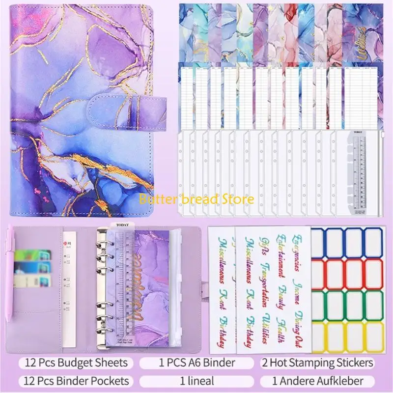 W89C Vintage PU Binder Budget Envelope Planner for w/ Zipper Pockets Sti