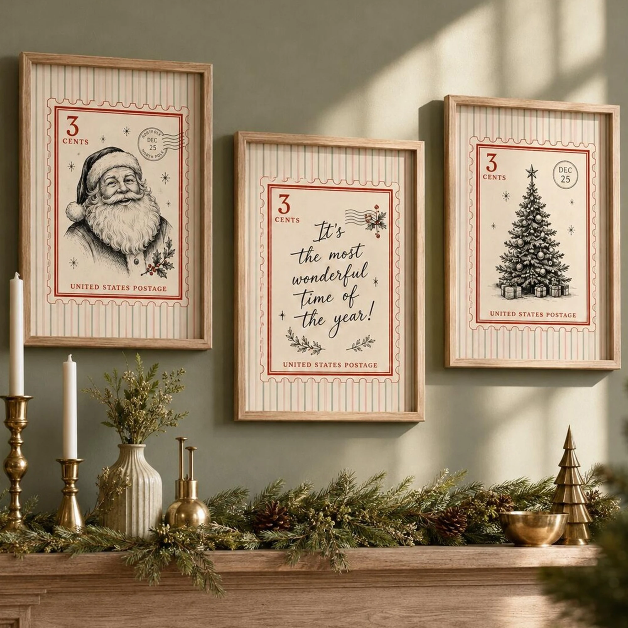 6pcs Retro Christmas Red Stamp Series Wall Art Print Canvas Painting Poster Picture For Living Room,Bedroom Home Decor