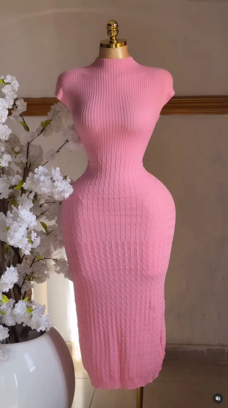 ファッションニットスリムフィットドレス夏服女性半袖ボディコンマキシロングドレスエレガントなリブセータードレス Vestidos